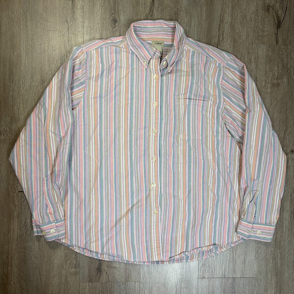 LL Bean Women's Oxford Button Up Long Sleeve Large‎ Regular Pink Striped